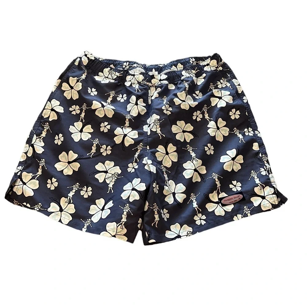 NWOT Vineyard Vines blue Hawaii Hulu floral swim trunks w/ storage pouch